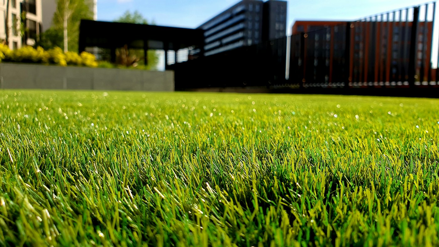 A landscaped lawn with raised planting beds and timber garden structures