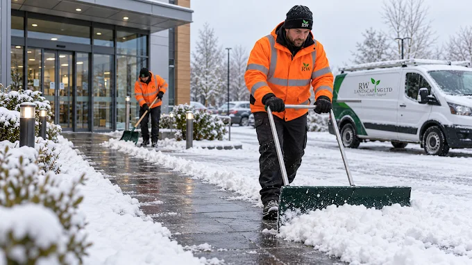 RW Landscaping winter maintenance imagery, with branded workwear and a company van